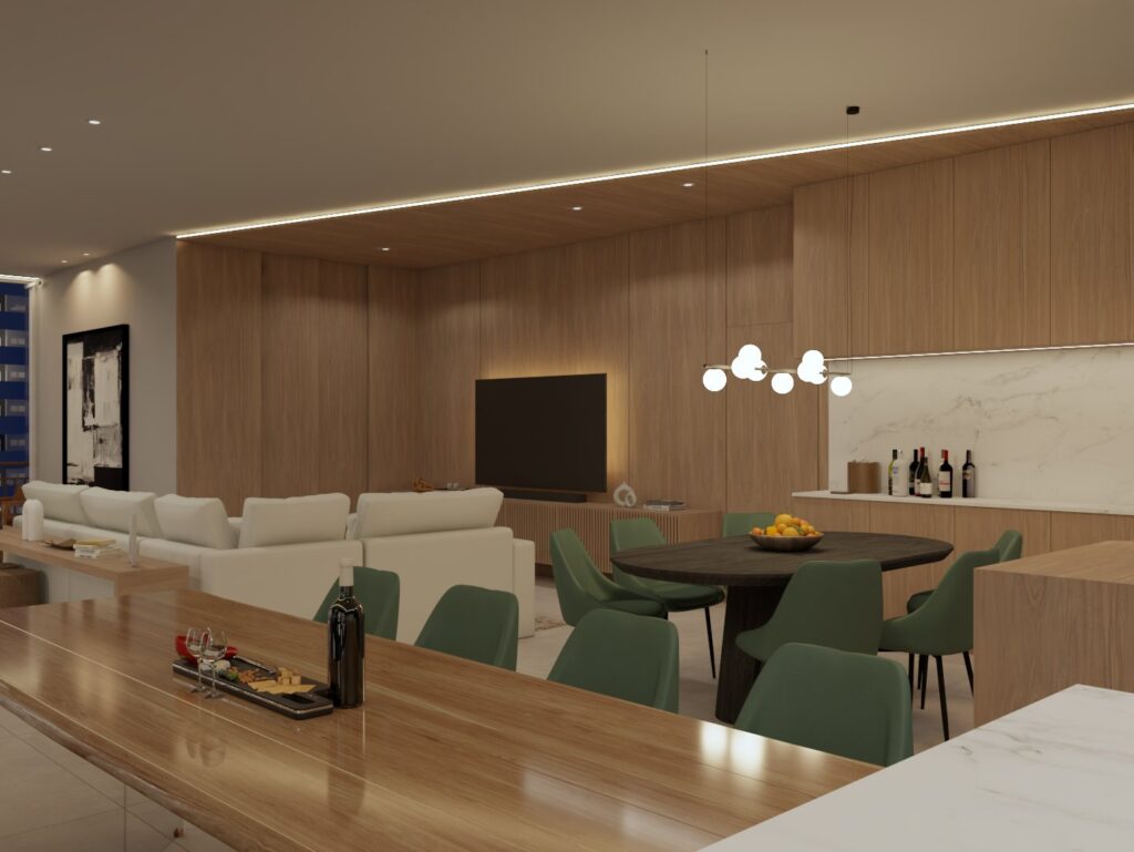 Um projeto que integra estética e funcionalidade com naturalidade, valorizando o cotidiano dos moradores por meio de materiais nobres, iluminação acolhedora e soluções que elevam o conforto e a experiência de viver bem.